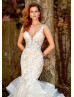 V Neck Beaded Ivory Lace Tulle Ruffle Wedding Dress